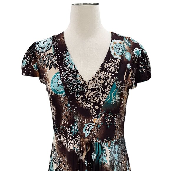 Magic Boho Floral Midi Dress Brown Blue SZ L Summer Festival Casual Y2K Cottage - Picture 5 of 8